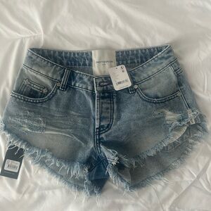 One Teaspoon Faded Blue Frayed Jean Shorts